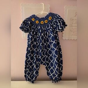 Awe Smocks Navy and White Kids One Piece with Sunflower Embroidery